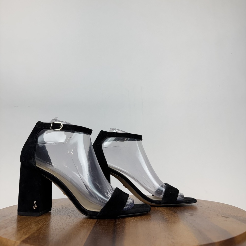 Womens Sam Edelman Daniella Ankle Strap Black Suede Heeled Sandals Size 8 M GUC